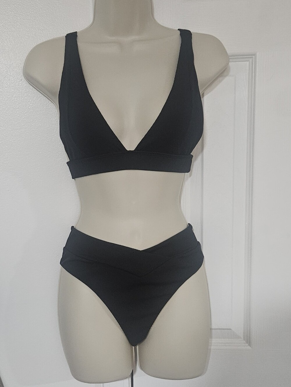SHEIN Black V-Neck Ribbed High-Waist Bikini Set